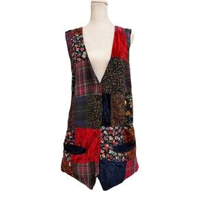 Vintage Blue Patchwork Vest Women’s Large Tie Back Button Front